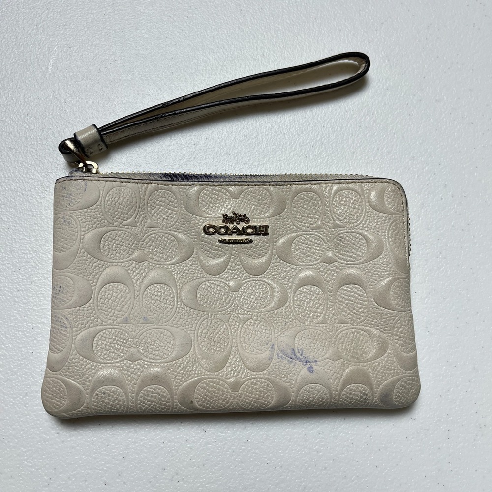 Coach Wristlet Womens Off White Debossed Signature C Logo Leather Corner Zip